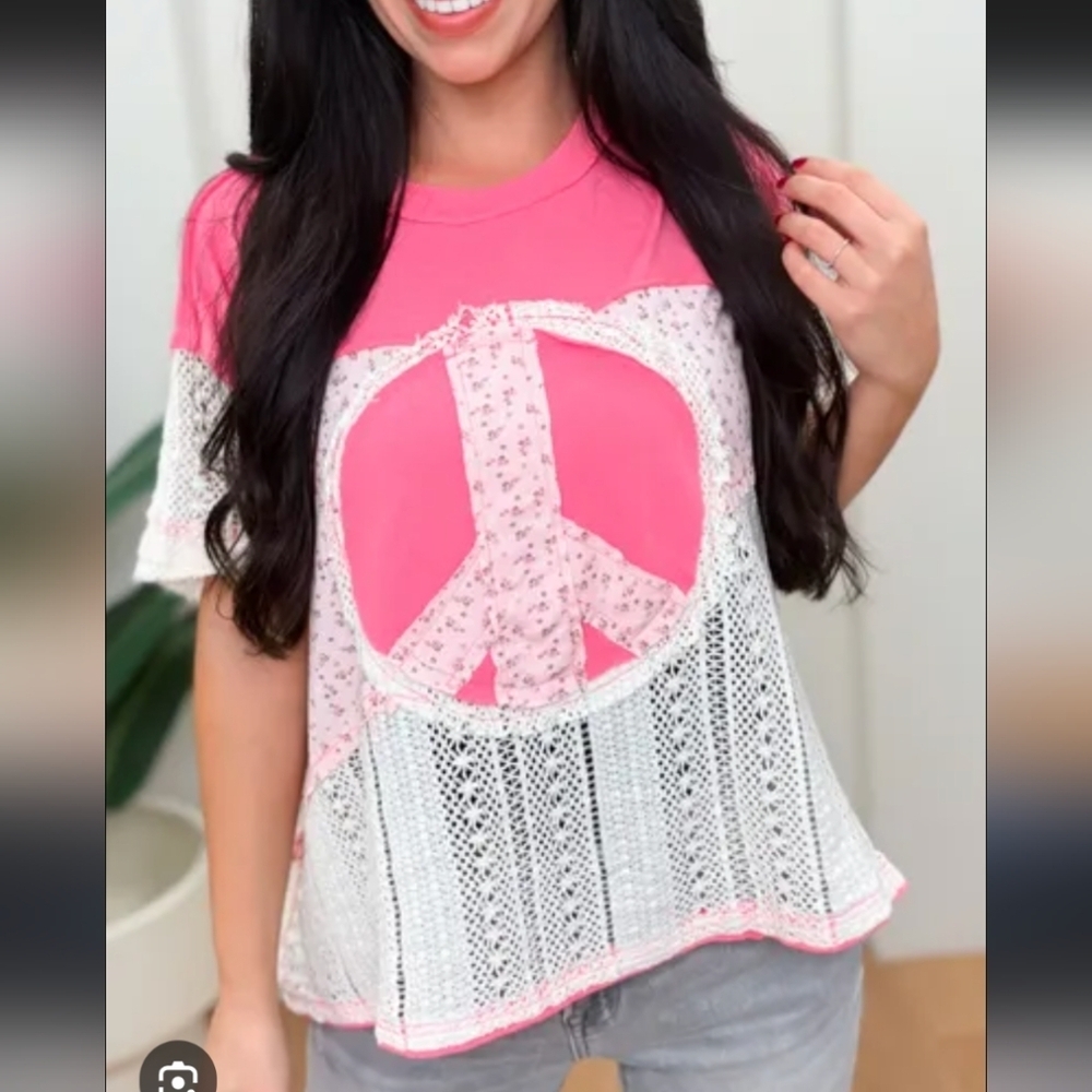 POL Peace Oversized Blouse Womens MEDIUM Pink White Crochet Lace Peace Sparkle 7